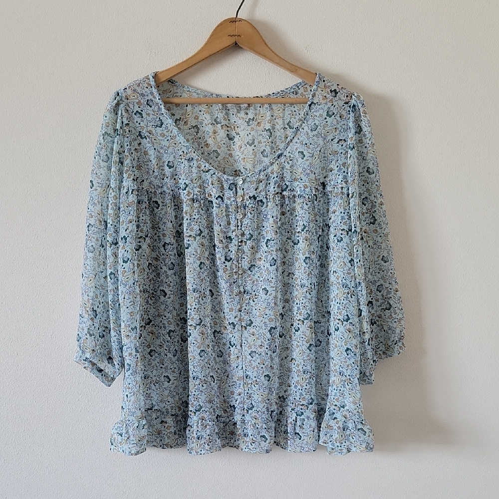 World Market Blue Floral Paisley Boho Sheer Blouse Size L/XL